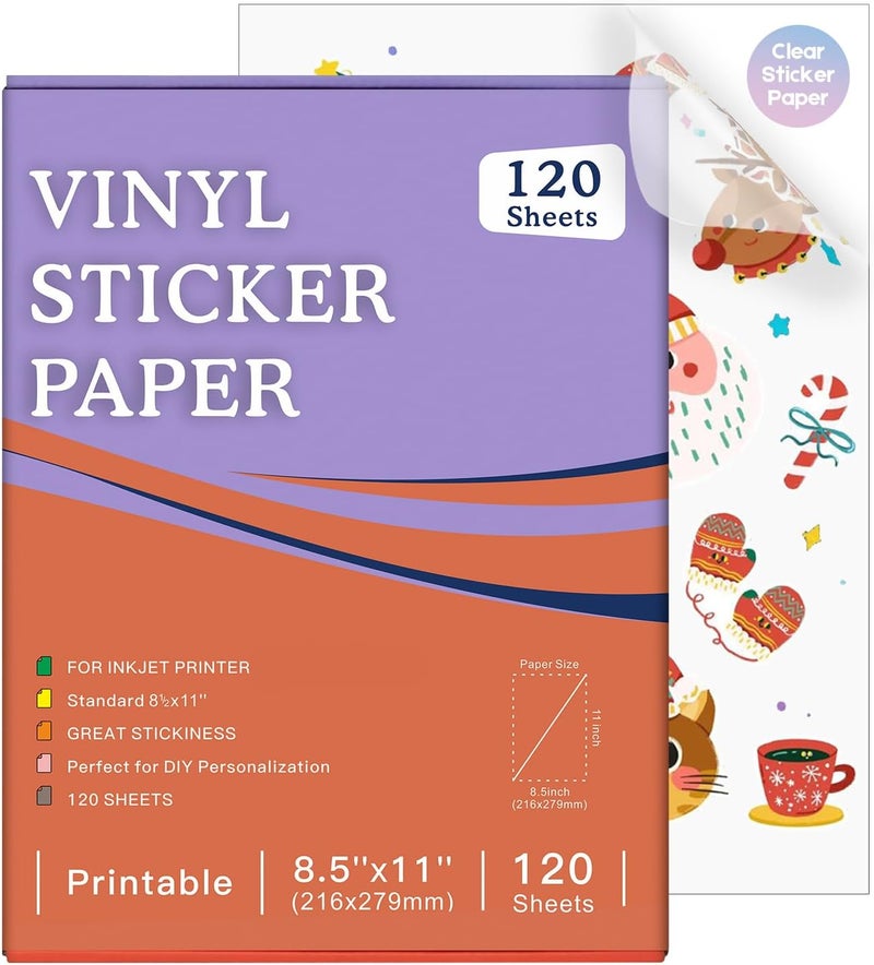 Aevdor 120 Sheets Printable Clear Sticker Paper for Inkjet Printer, Premium Vinyl Transparent Sticker Paper Waterproof, Dries Quickly, Vivid Colors, Tear Resistant, 8.5x11" Labels Great for Cutting Machines - Image 1